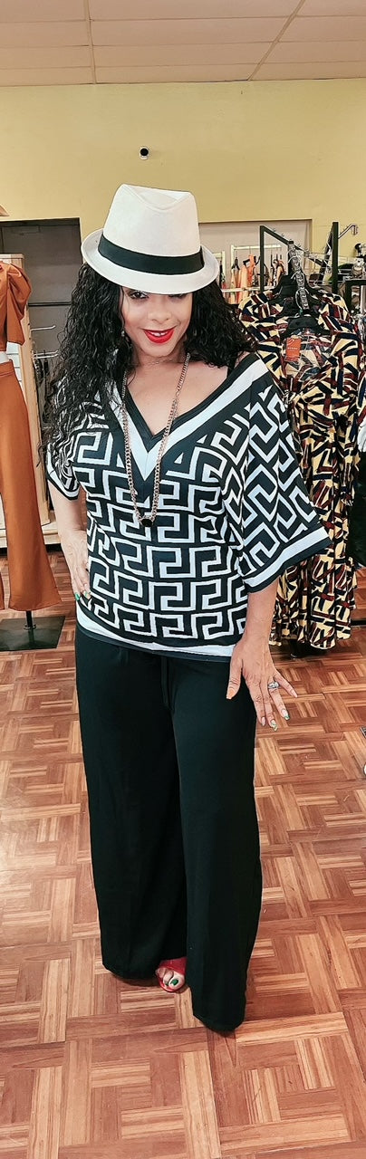 GEOMETRIC BATWING SLEEVE TOP& WIDE LEG PANTS SUIT