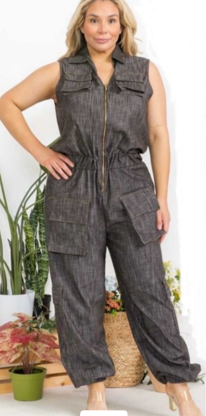 PLUS DENIM ZIPPER JUMPSUIT WITH POCKETS