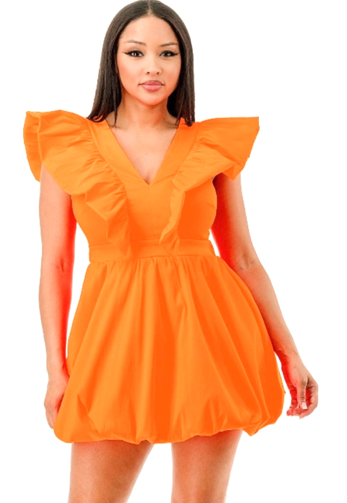 SOLID ORANGE TAFFETA V NECK DRESS