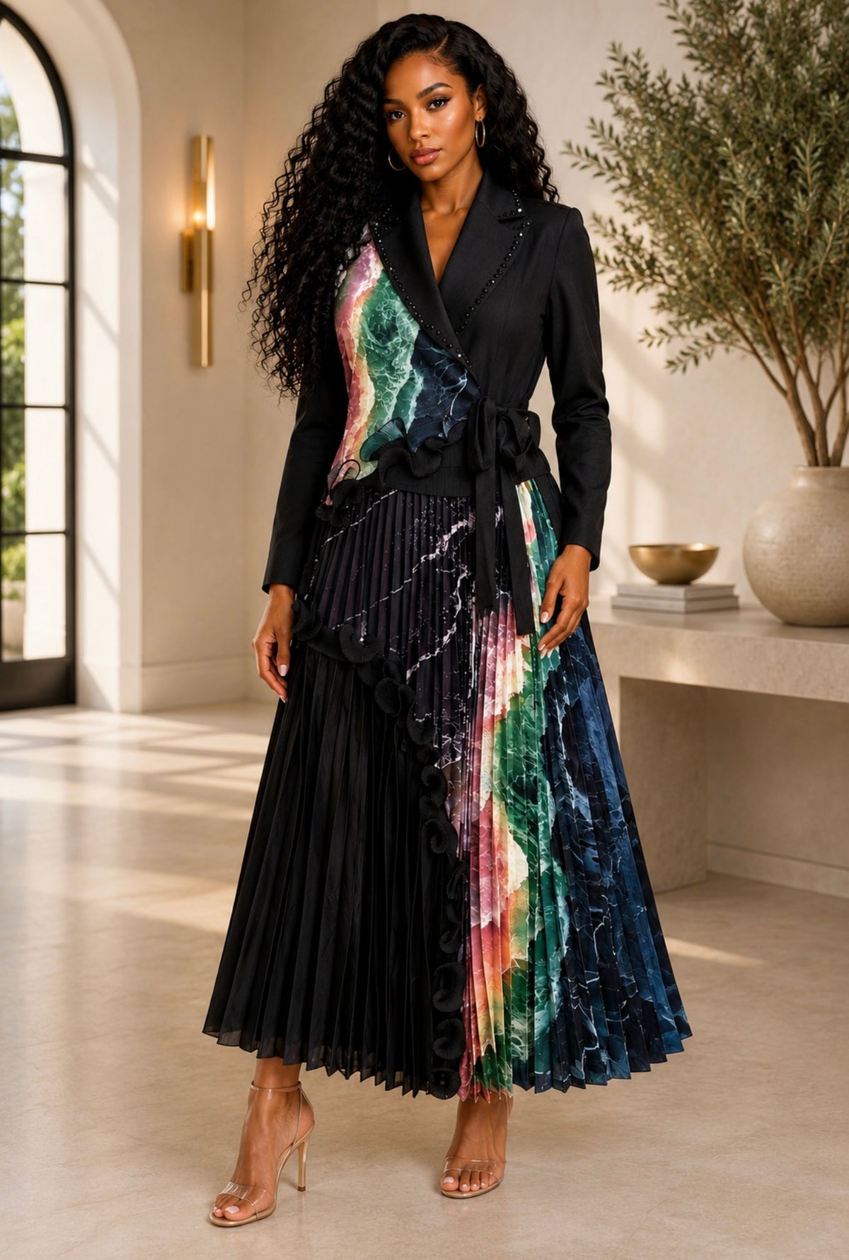 ONE SIZE FITS ALL ELEGANT MULTI COLOR PLEADED DRESS
