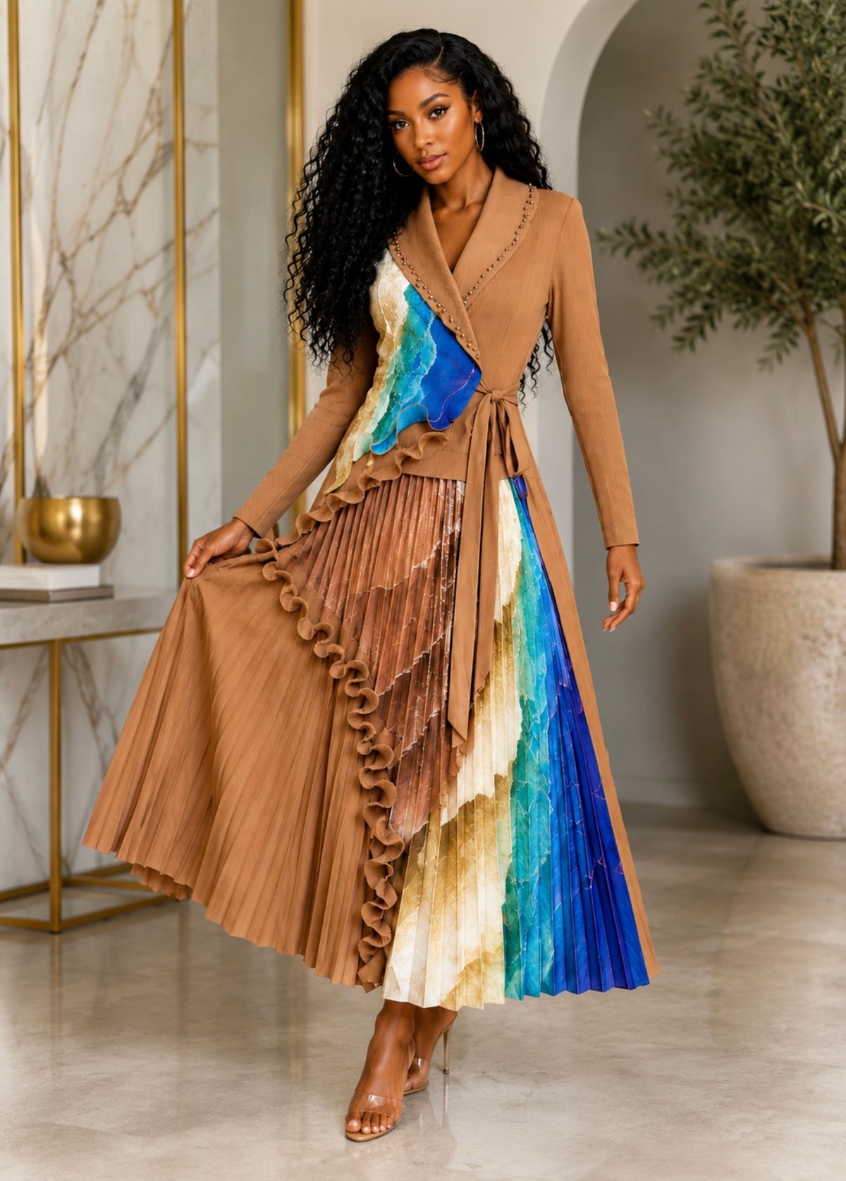 ONE SIZE FITS ALL ELEGANT MULTI COLOR PLEADED DRESS