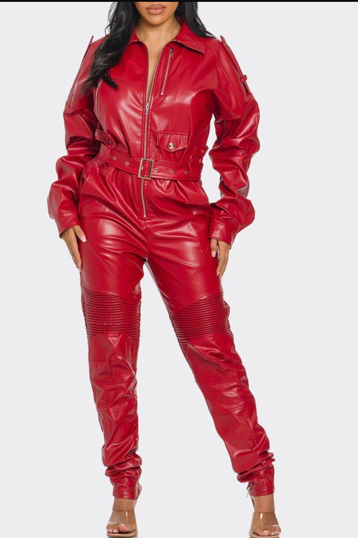 RED LEATHER JUMPSUIT WITH BELT SILVER ZIPPER