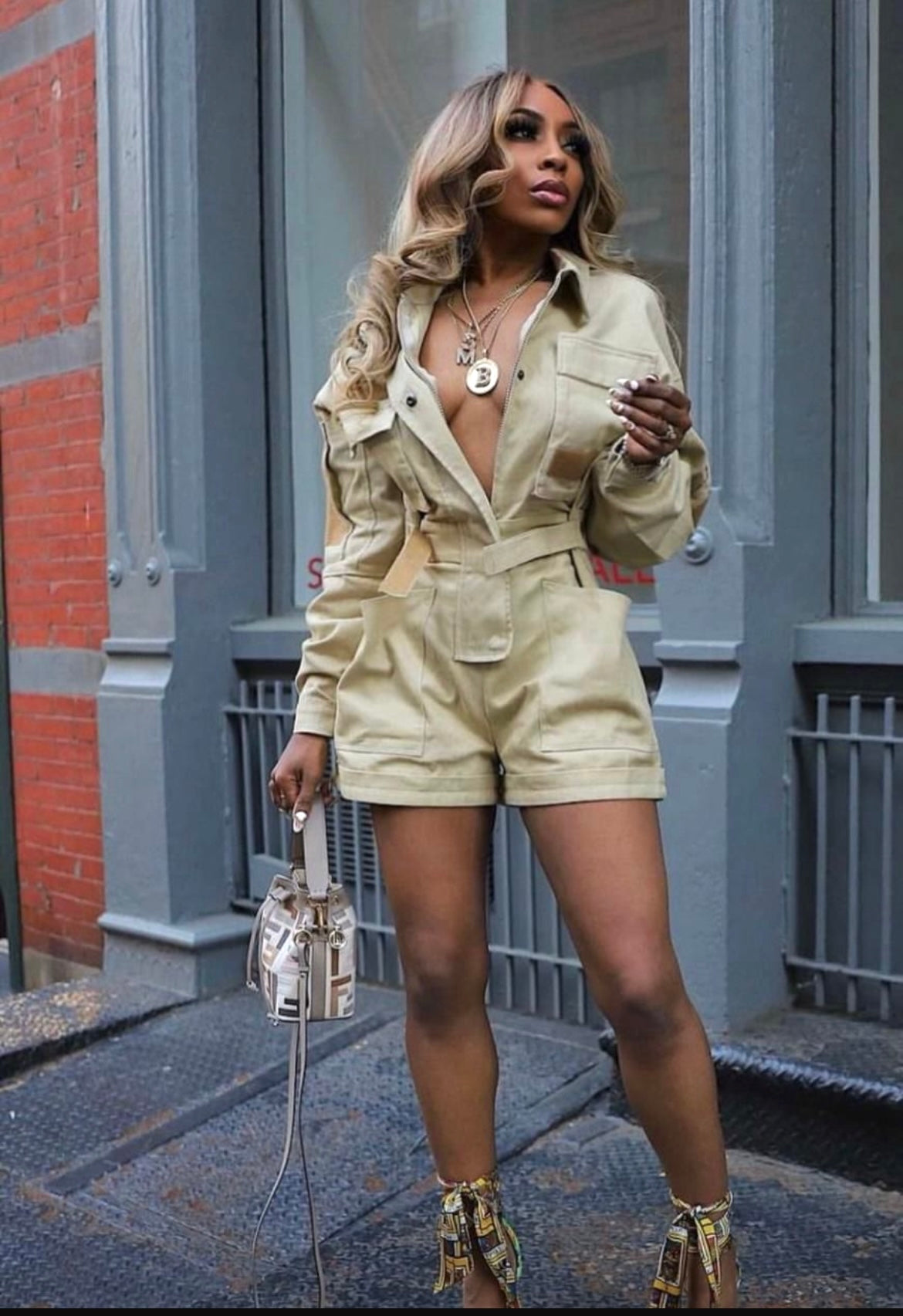 KHAKI ADJUSTABLE ROMPER WITH POCKETS