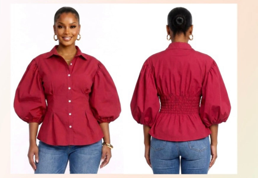 BURGUNDY POPLIN UP PUFF HALF SLEEVE BLOUSE WITH SMOCKED BACK