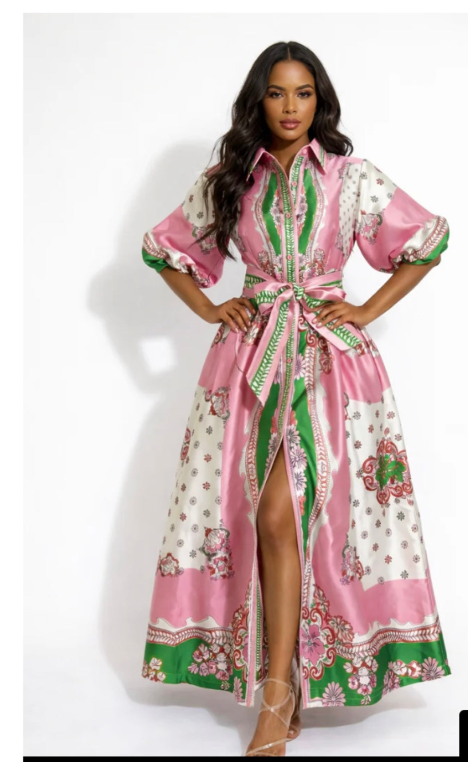 BEAUTIFUL ELEGANT PINK -GREEN DRESS WITH BELT AND POCKETS