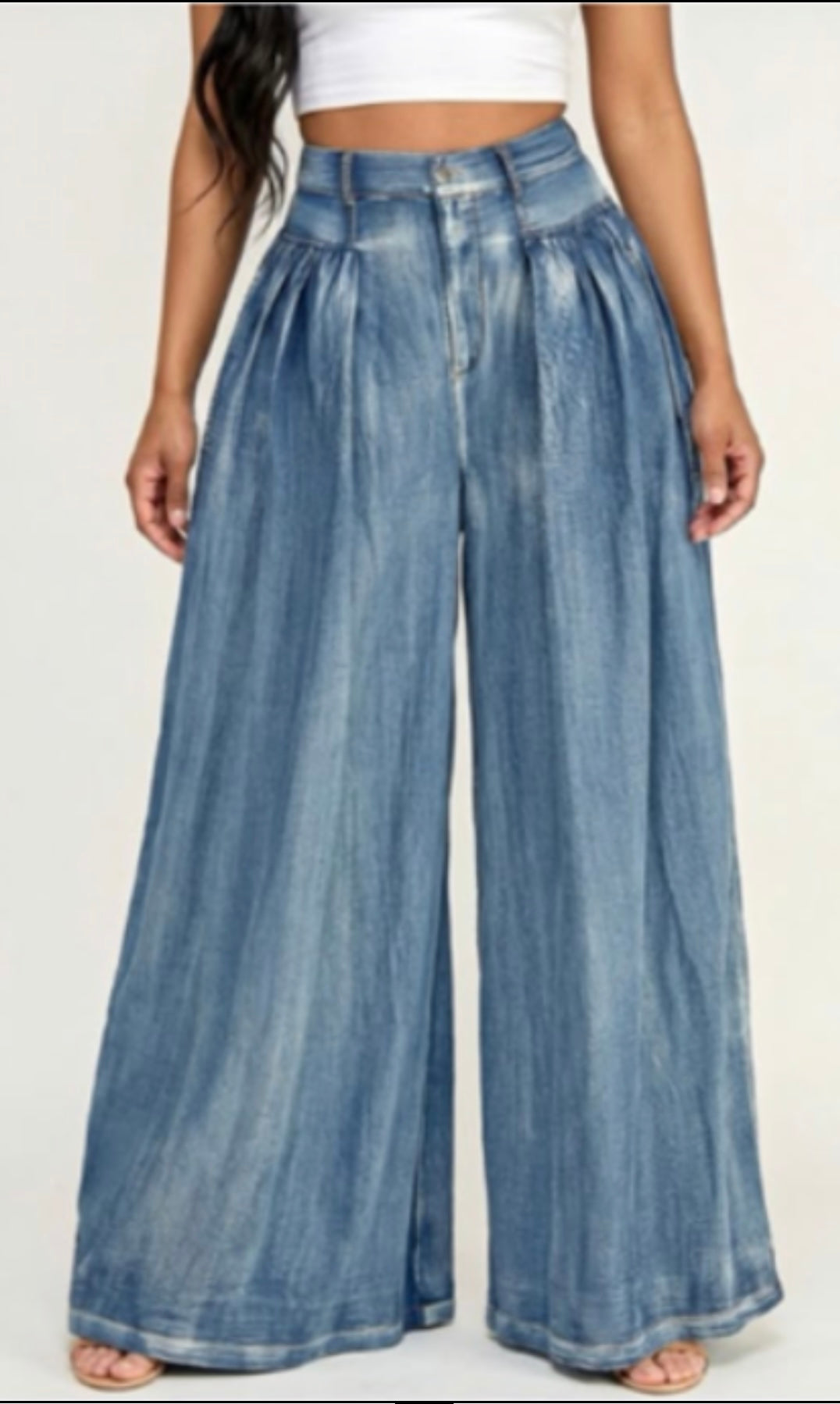 HIGH WAISTED LT DENIM WASH PLEATED WIDE LEG PANTS
LIGHTWEIGHT DENIM
