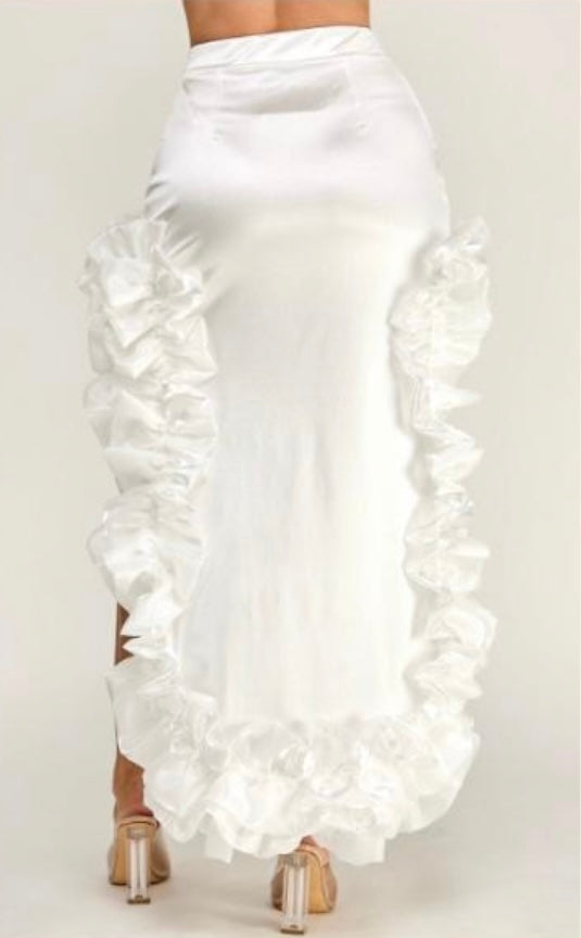 WHITE ELEGANT HIGH LO RUFFLE SKIRT