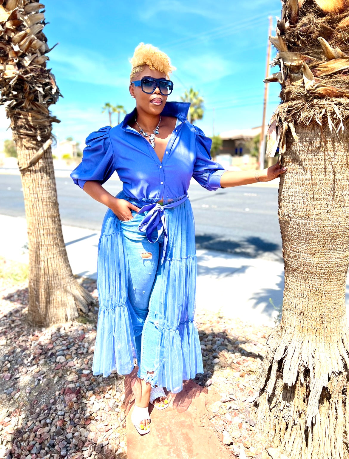 PLUS SIZE BEAUTIFUL PERIWINKLE BLUE DRESS BLOUSE WITH LACE TOOL WITH BELT
