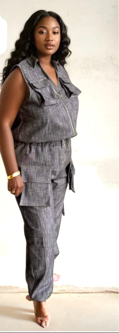 PLUS DENIM ZIPPER JUMPSUIT WITH POCKETS