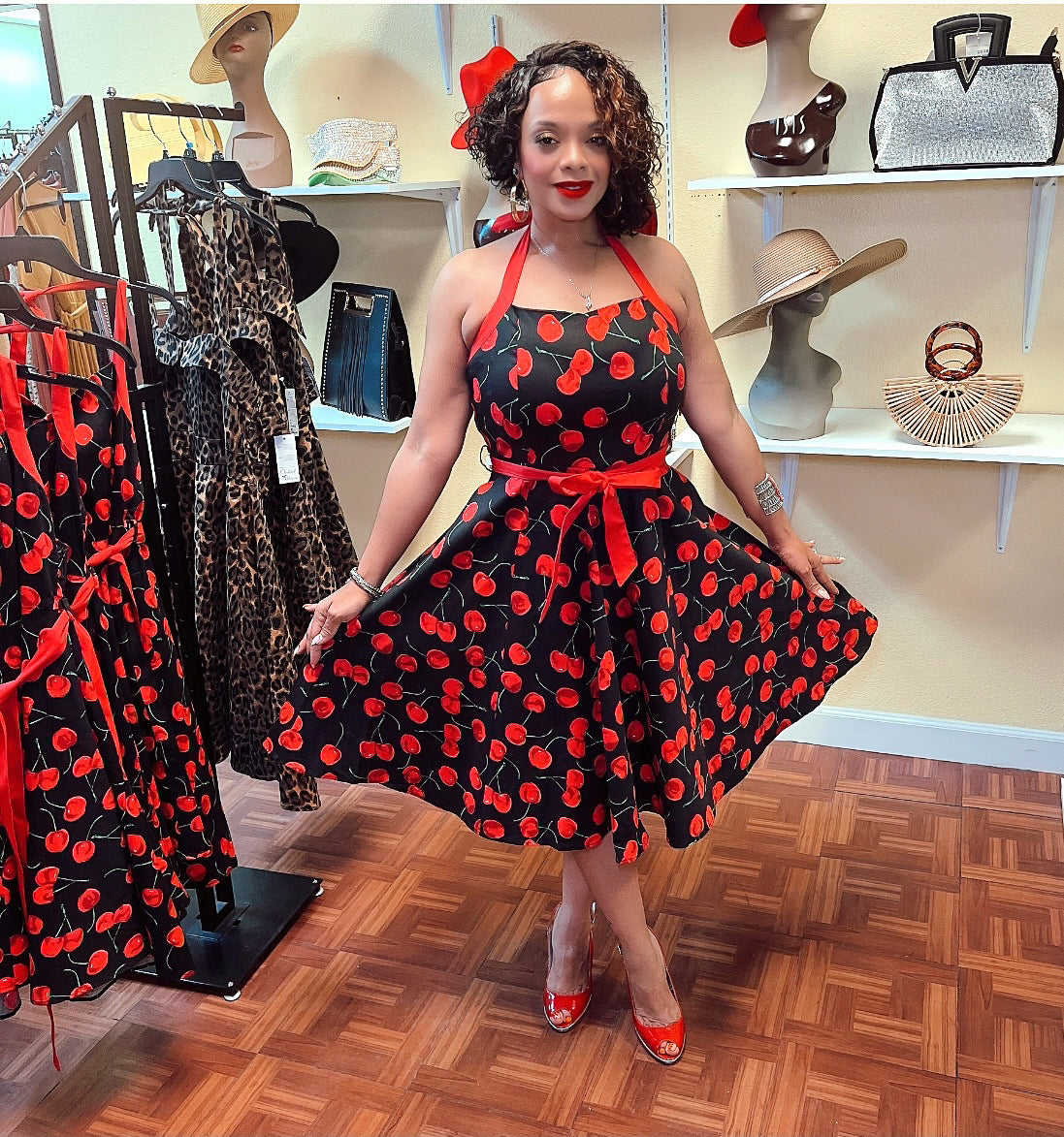 CHERRY HALTER TOP SUMMER DRESS WITH POCKETS
