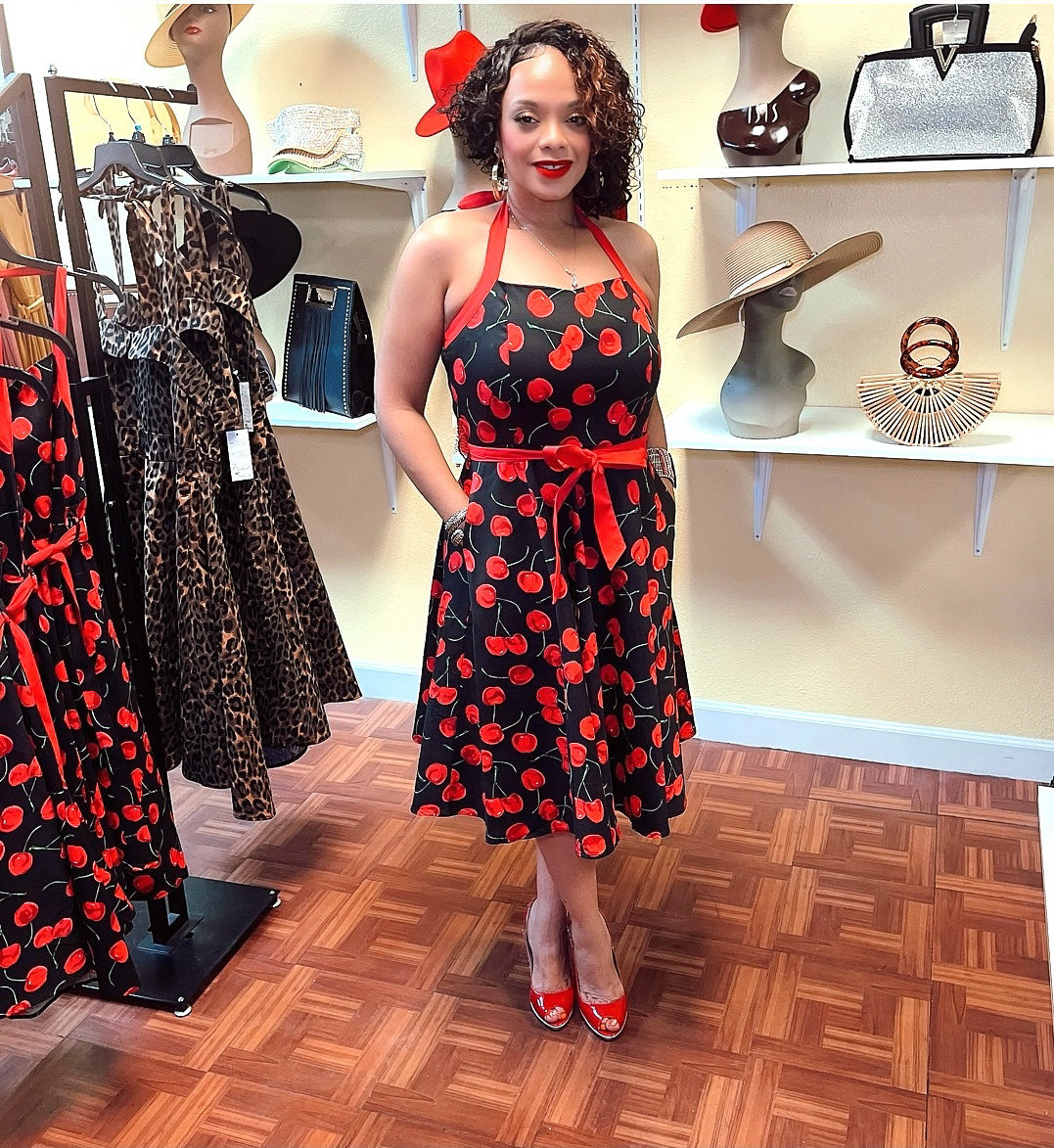 CHERRY HALTER TOP SUMMER DRESS WITH POCKETS
