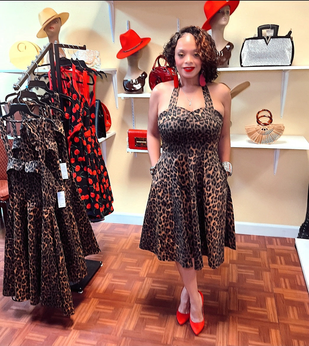 LEOPARD HALTER DRESS WITH POCKETS