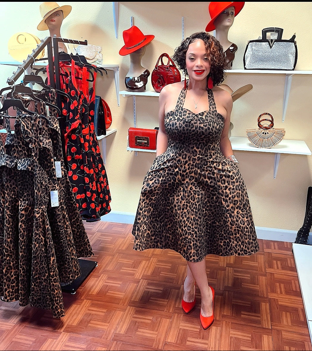 LEOPARD HALTER DRESS WITH POCKETS