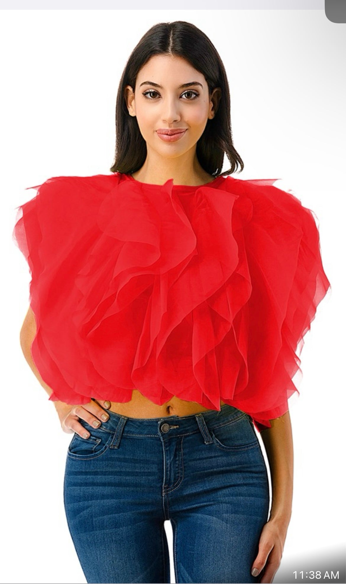 S/S CHIFFON RUFFLE CROP TOP