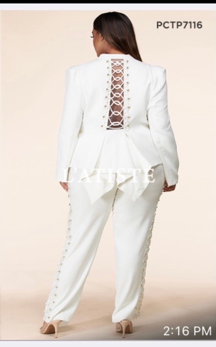 ELEGANT 2 PIECE OFF WHITE BACK LACE PANTS SET