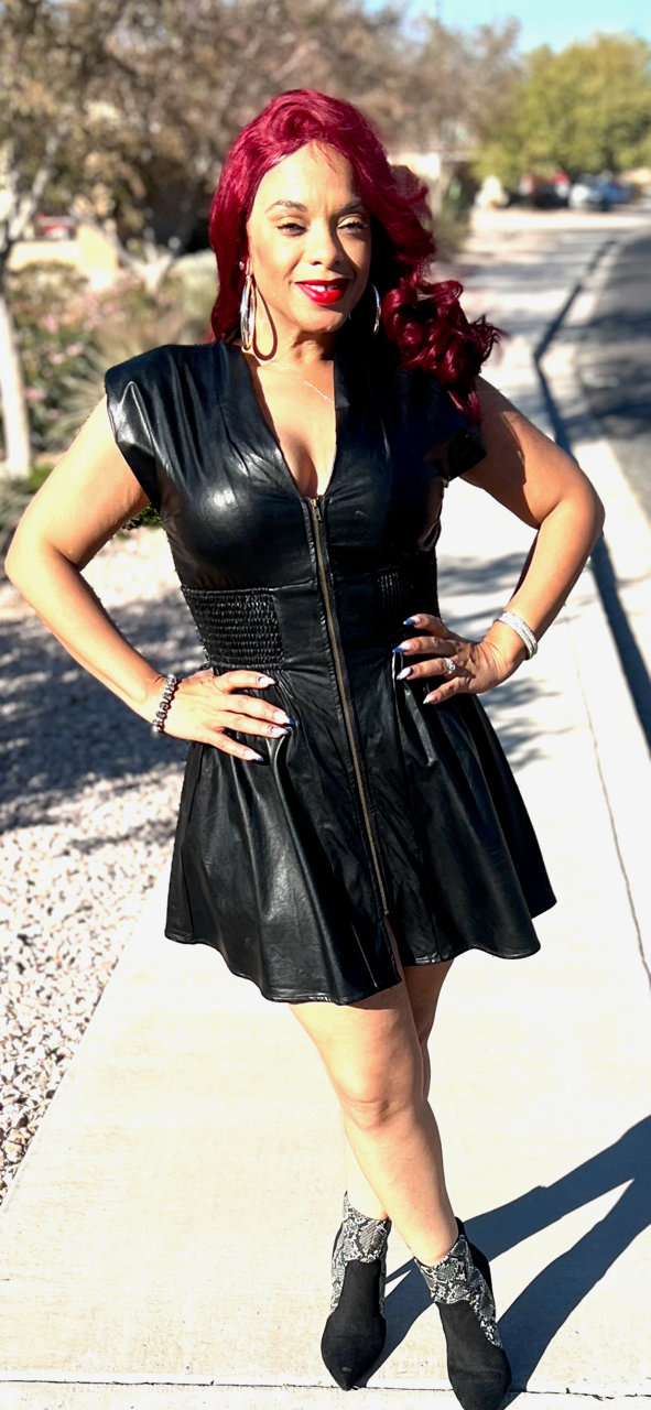 BLACK LEATHER MINI DRESS