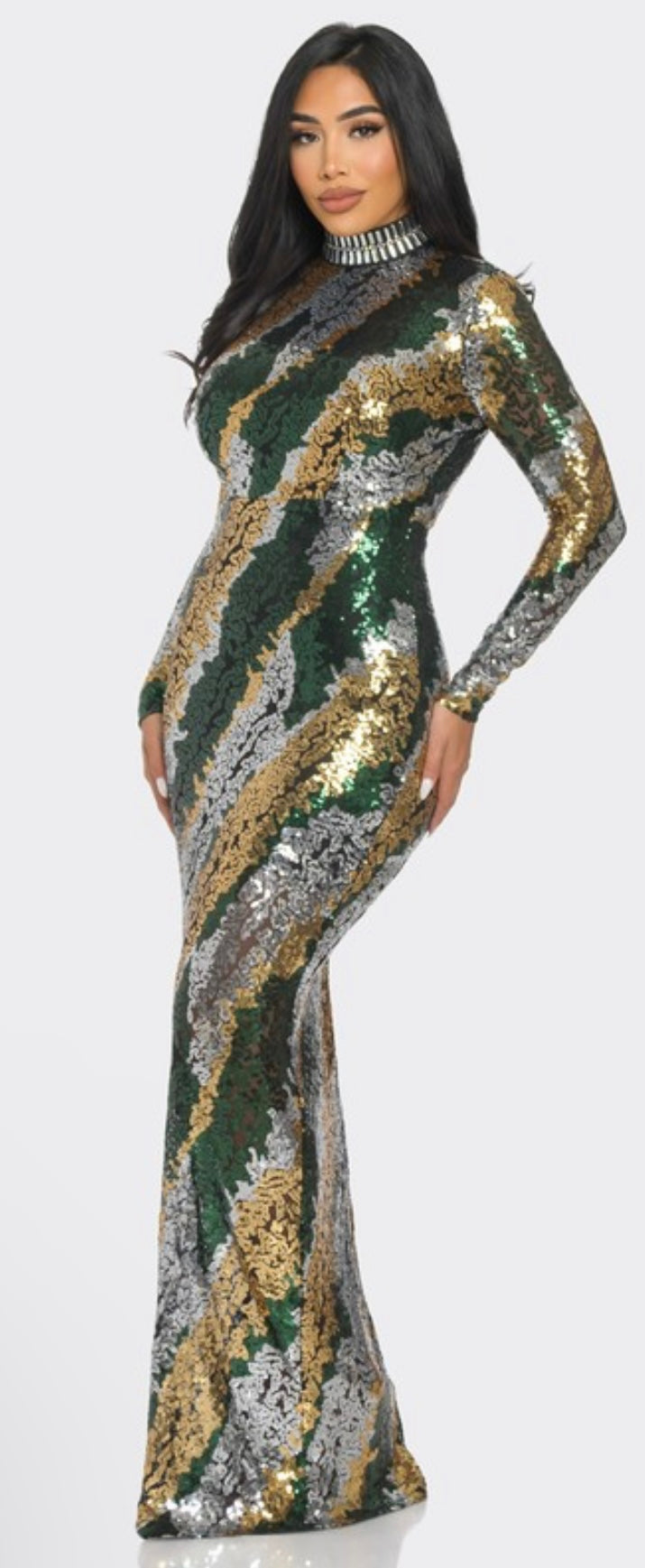 SEQUIN MOCK NECK LONG SLEEVE MAXI DRESS