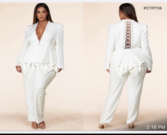 ELEGANT 2 PIECE OFF WHITE BACK LACE PANTS SET